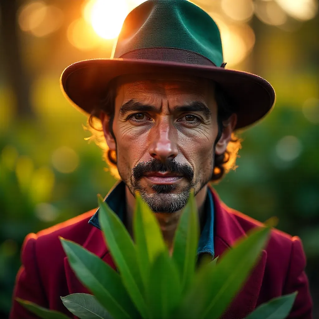 Golden Hour Portrait: Man in a Vibrant Hat with a Plant