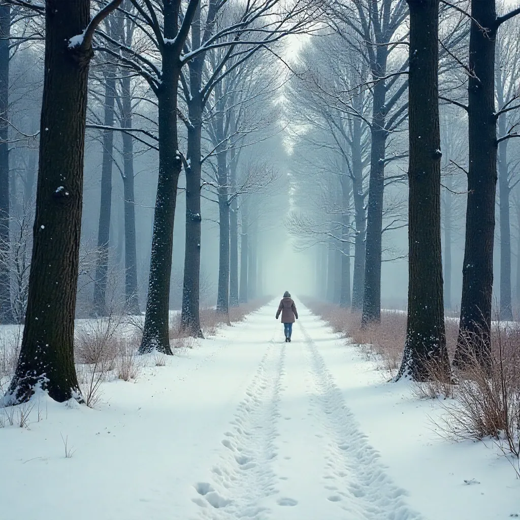 Serene Snow-Covered Forest Path with Distant Figure