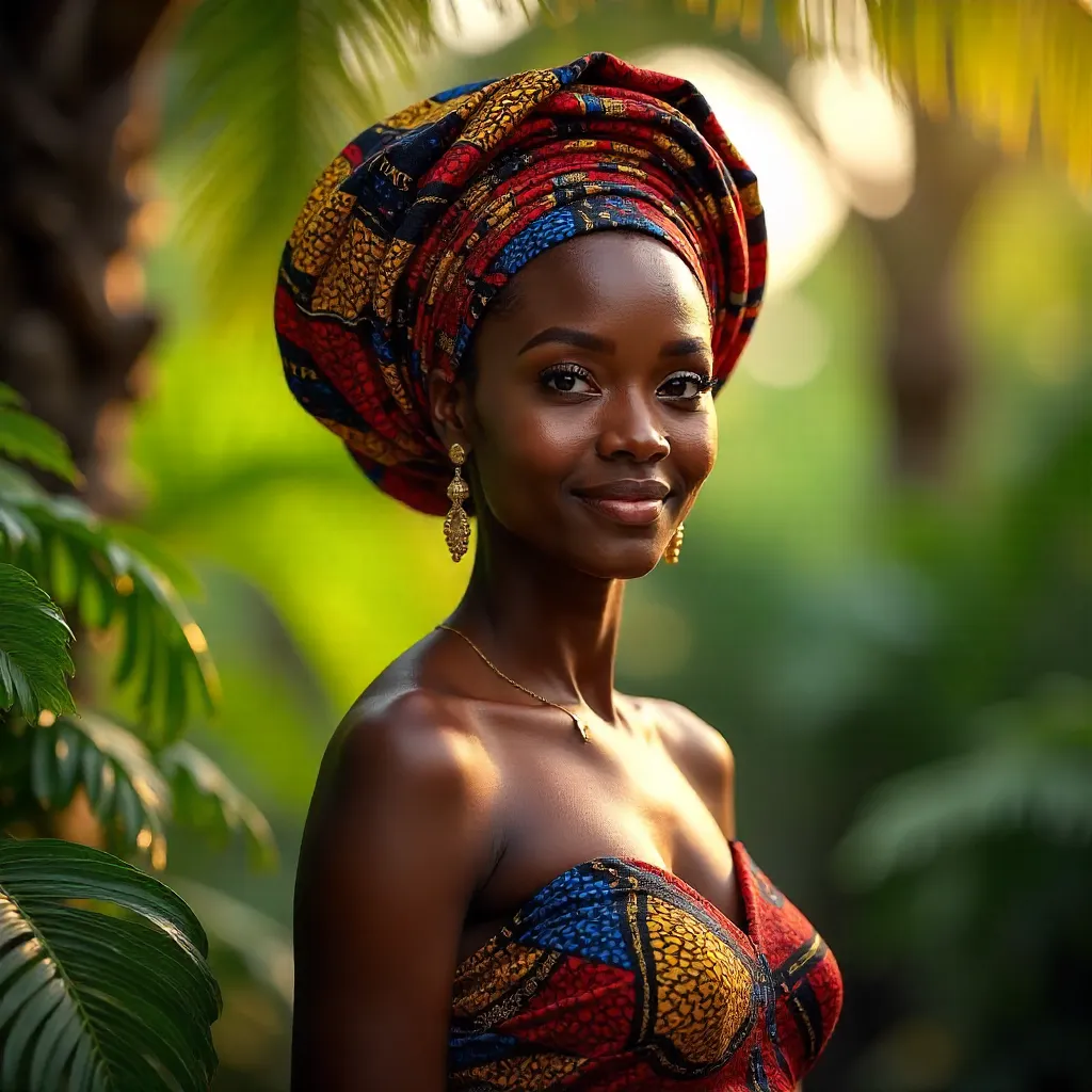 Lush Portrait in African Headwrap and Greenery