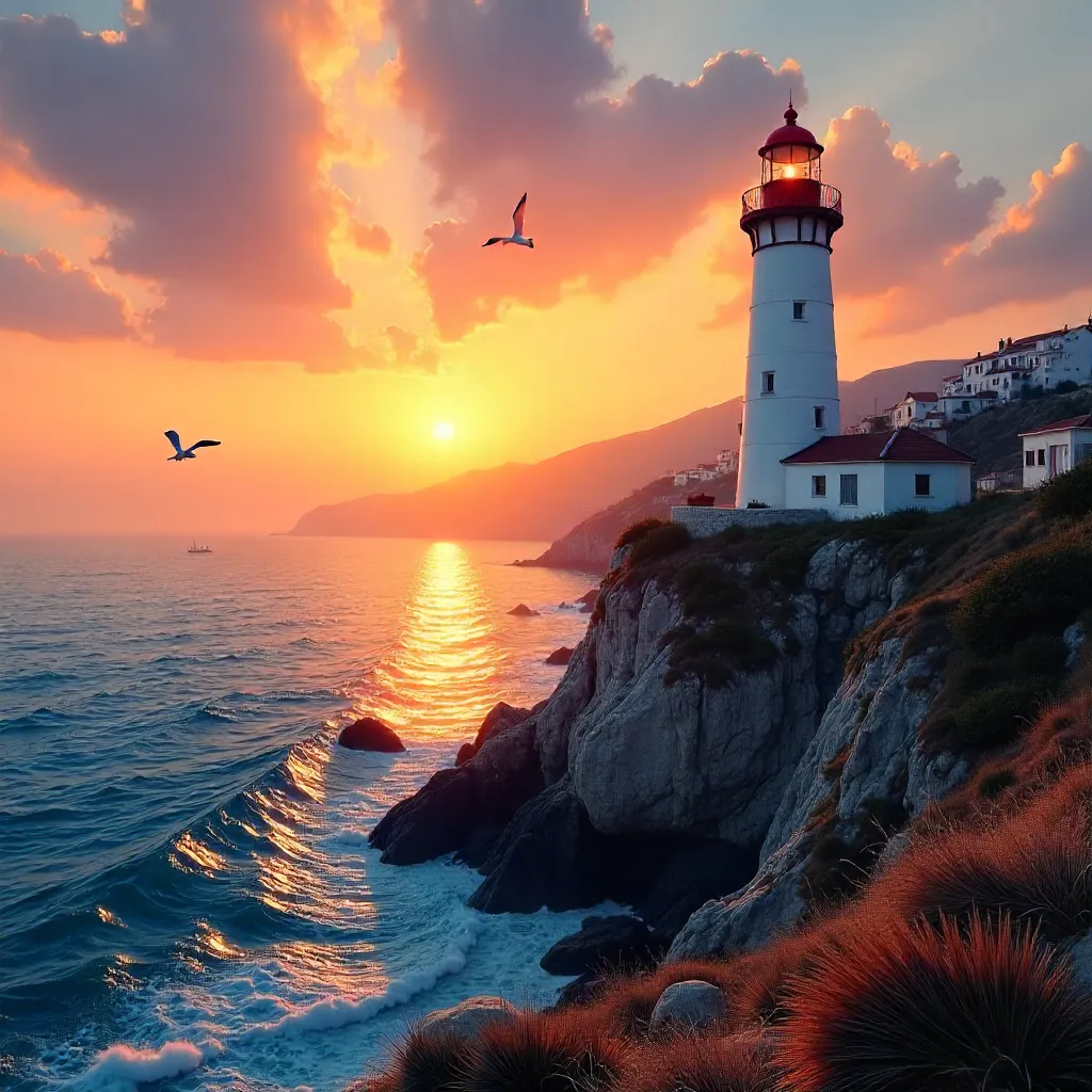 Sunset Lighthouse Over the Mediterranean Sea