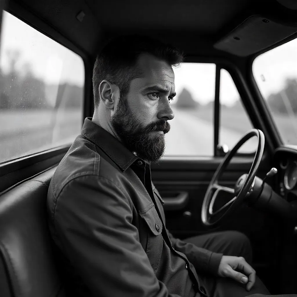 Monochrome Portrait in a Truck Cabin
