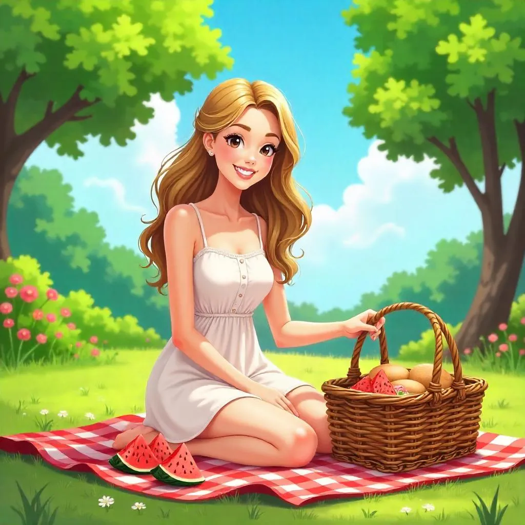 Sunny Cartoon Picnic with a Beautiful White Woman
