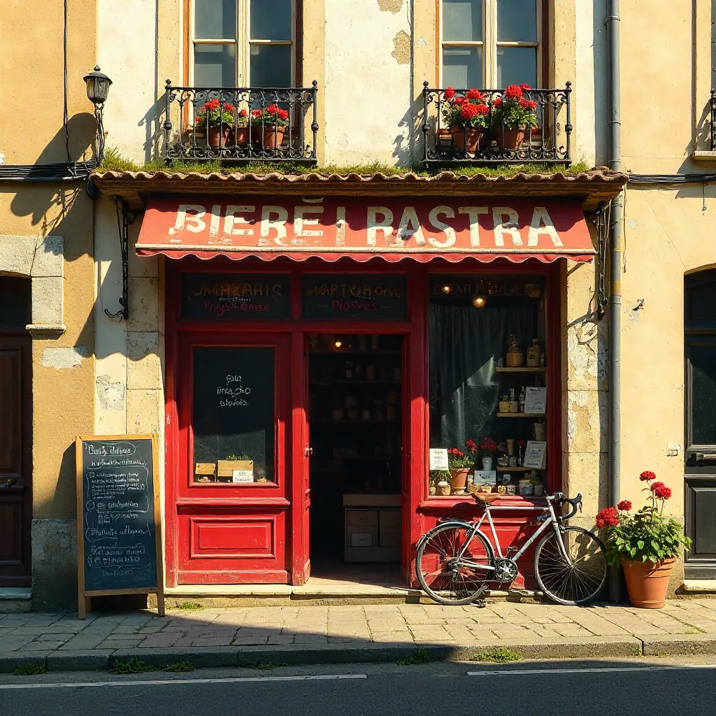 Jonzac Vintage Shopfront with Faded Red Doors