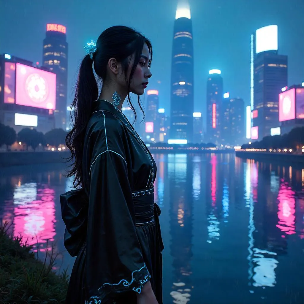 Elegant Asian Cyberpunk Muse by the Neon Lake