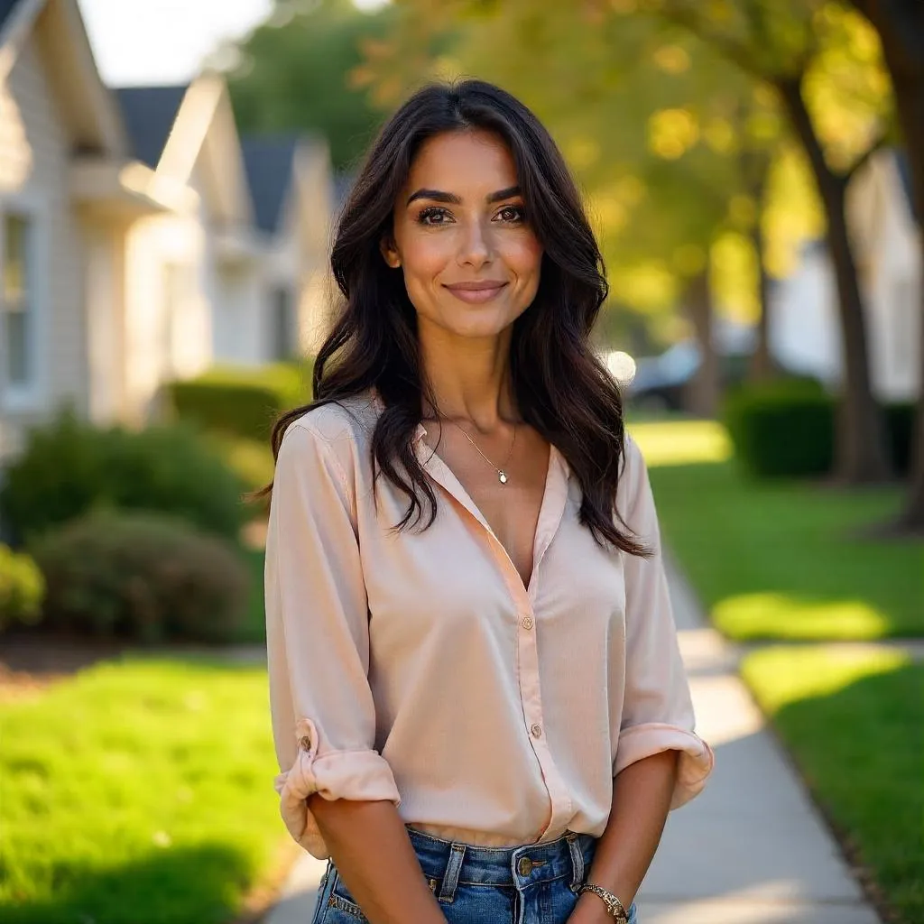 Photorealistic portrait of a Middle Eastern woman in suburbia