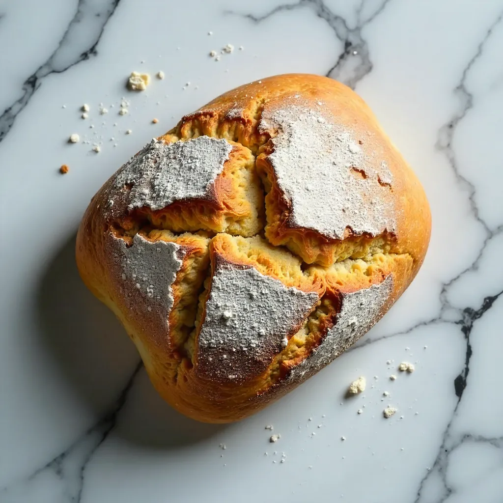 Overhead Crackly Bread on Spotted Marble