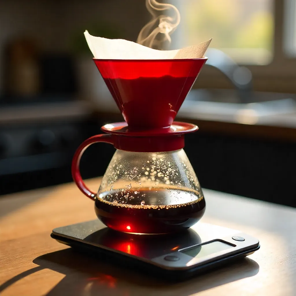 Red Cone Pour-Over on Glass Carafe Over Scale