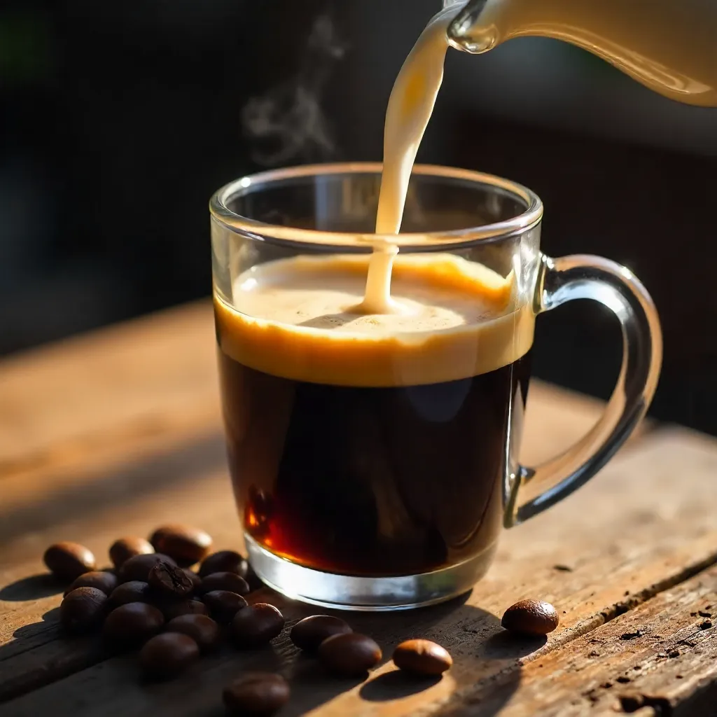Milk Pouring in Glass Coffee Mug on Wood
