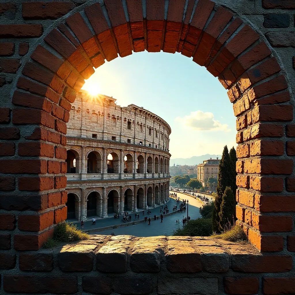 Colosseum View Through a Rustic Brick Window