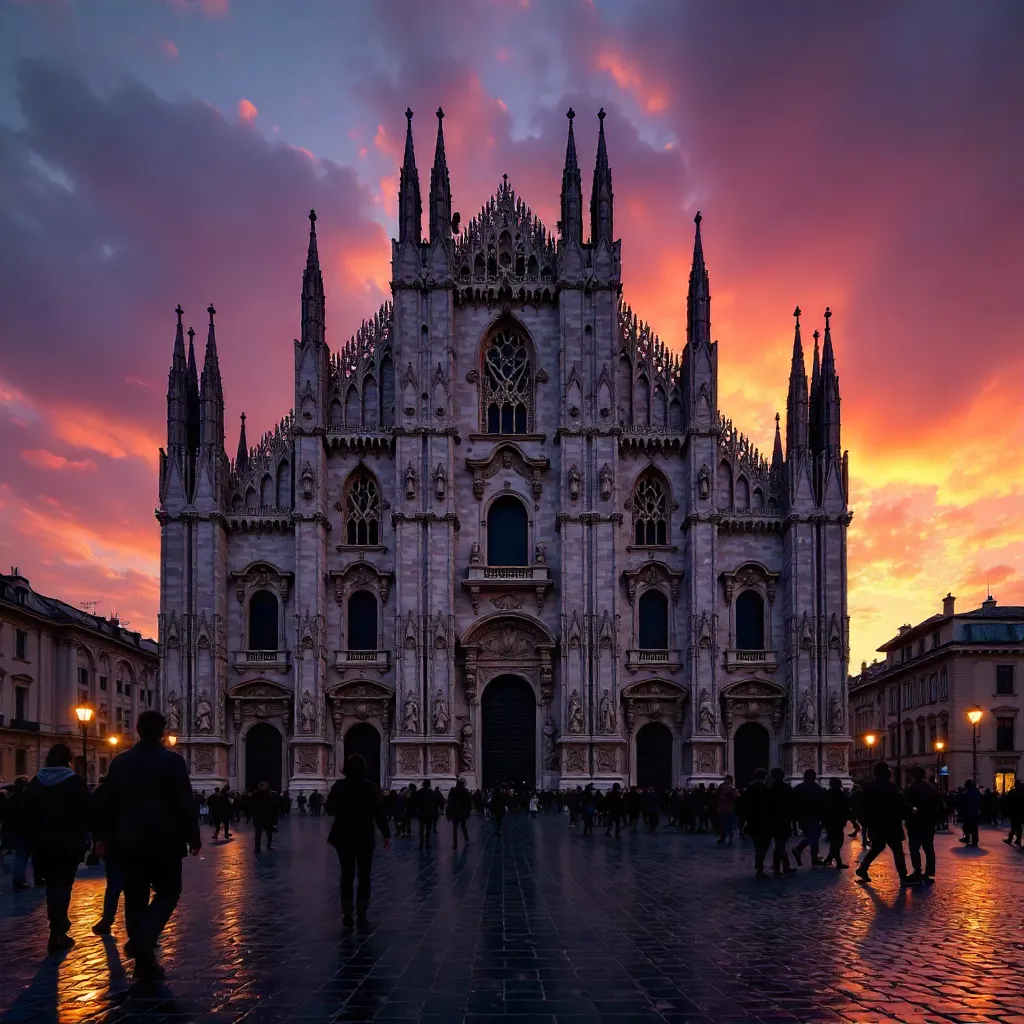 Silhouettes in Front of Milan Cathedral at Dusk