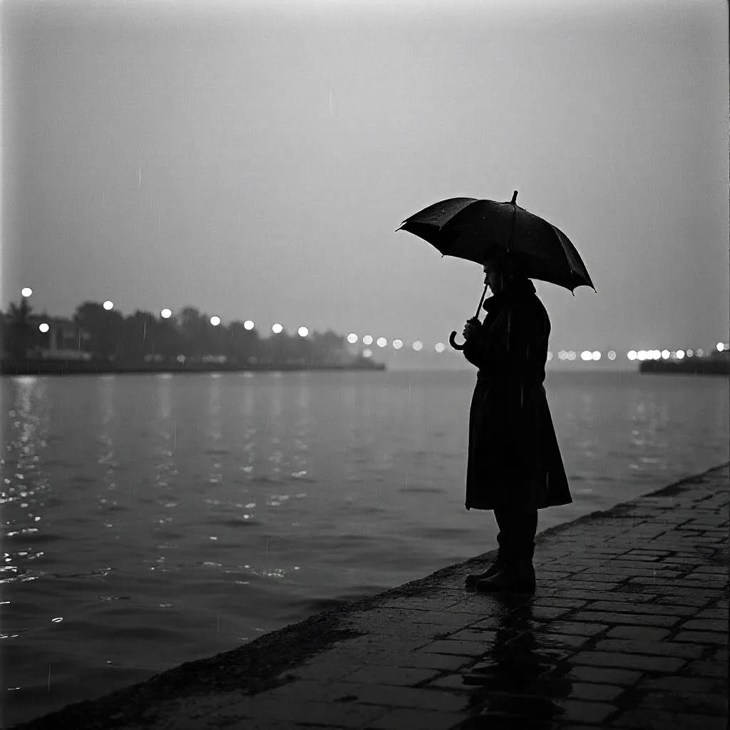 Silhouette in Rain by the Water (Black & White)