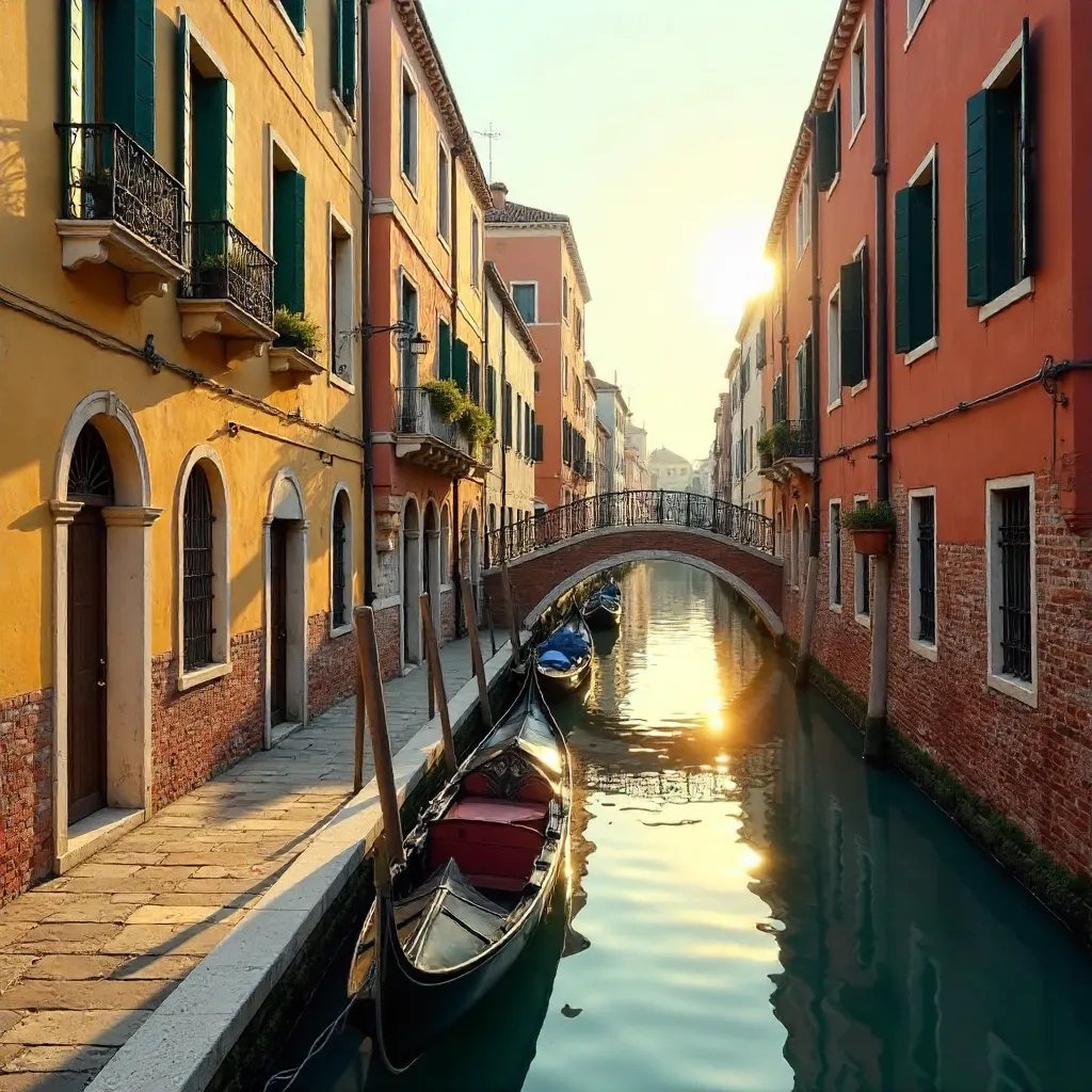Quiet Venice Canal Lined with Colorful Historic Facades at Golden Hour