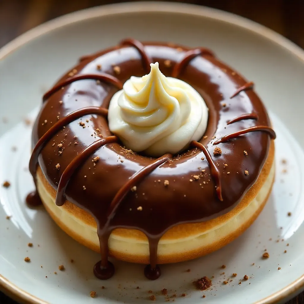 Top-View Chocolate Drizzled Donut with Cream