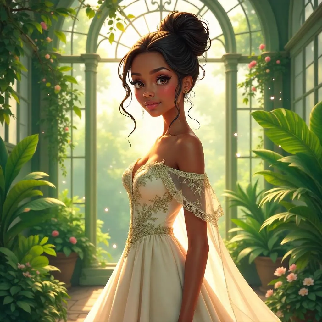 Elegant Black Girl in Anime Style, Conservatory