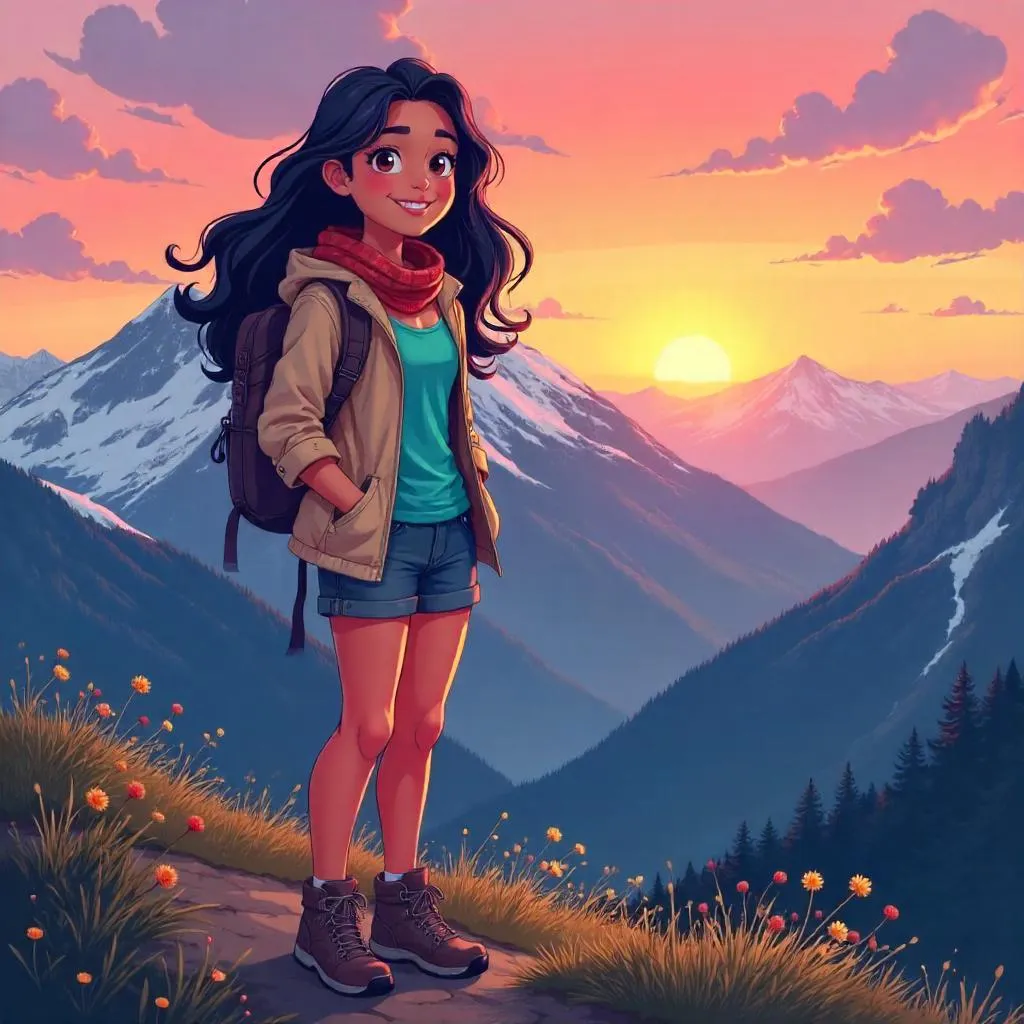 Cheerful Latina in Mountain Sunrise - Anime Style