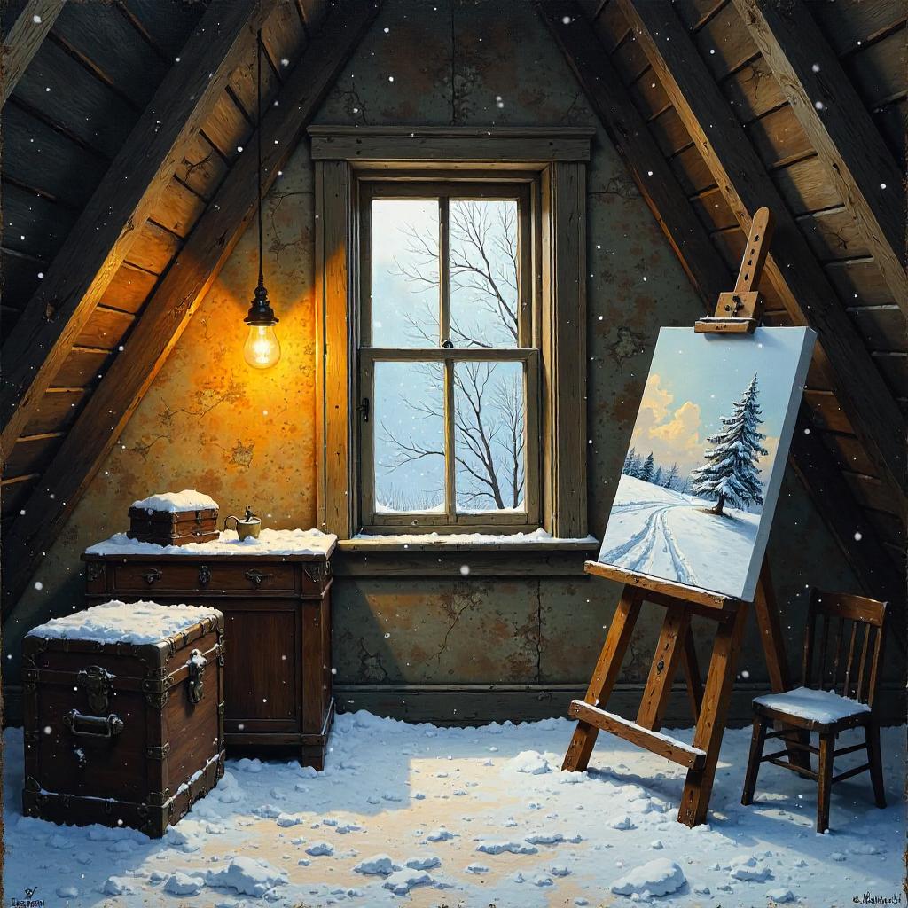 Snowy Attic in Oil: Dusty Light and Quiet