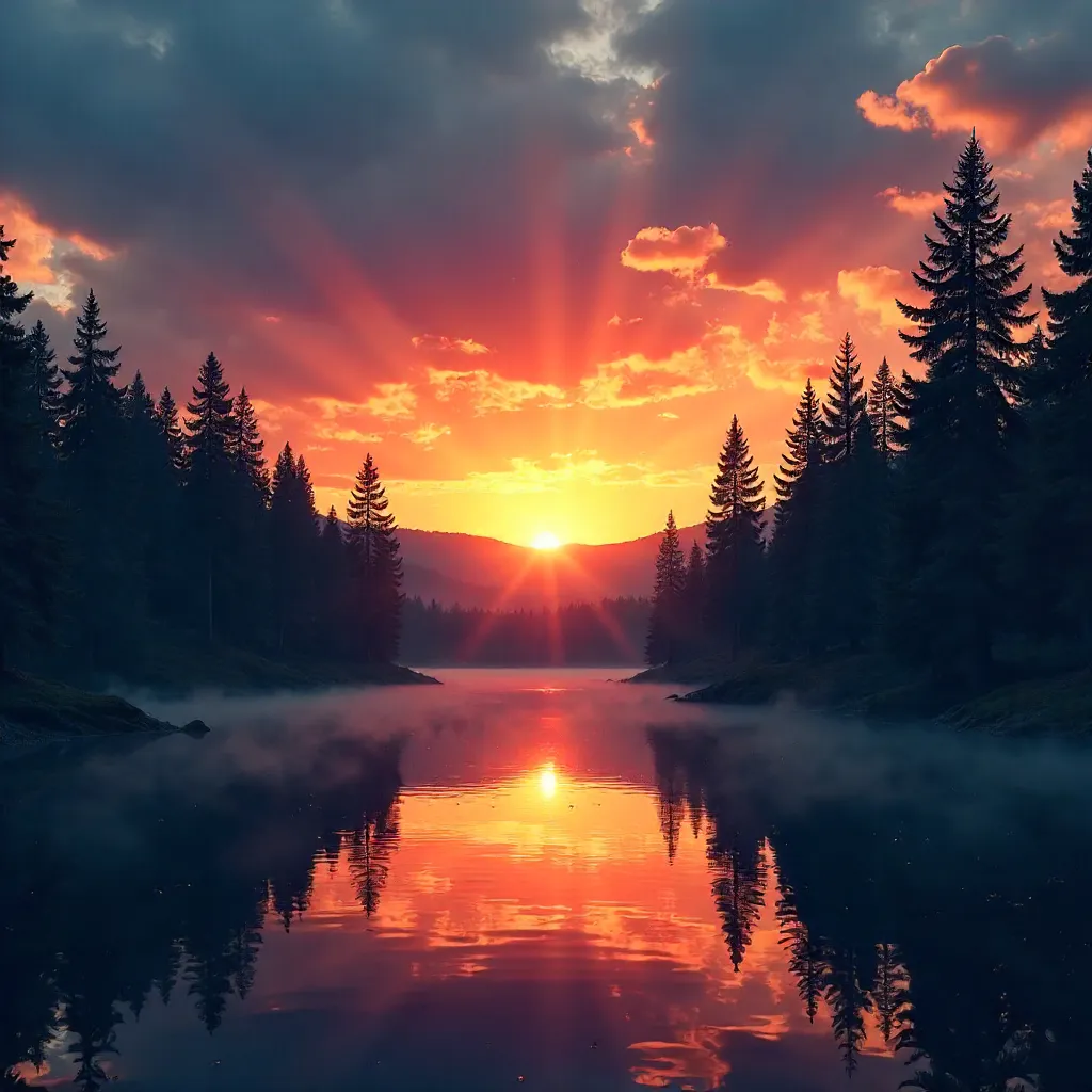 Sunset Glow Over Silhouetted Pine Forest