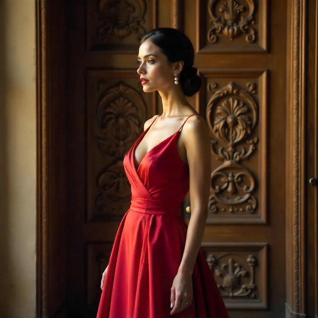 Graceful Red-Dressed Woman Before Ornate Door