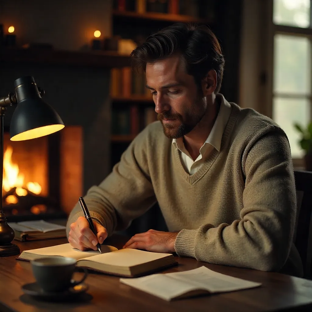Thoughtful Man Writing in a Cozy Indoor Nook