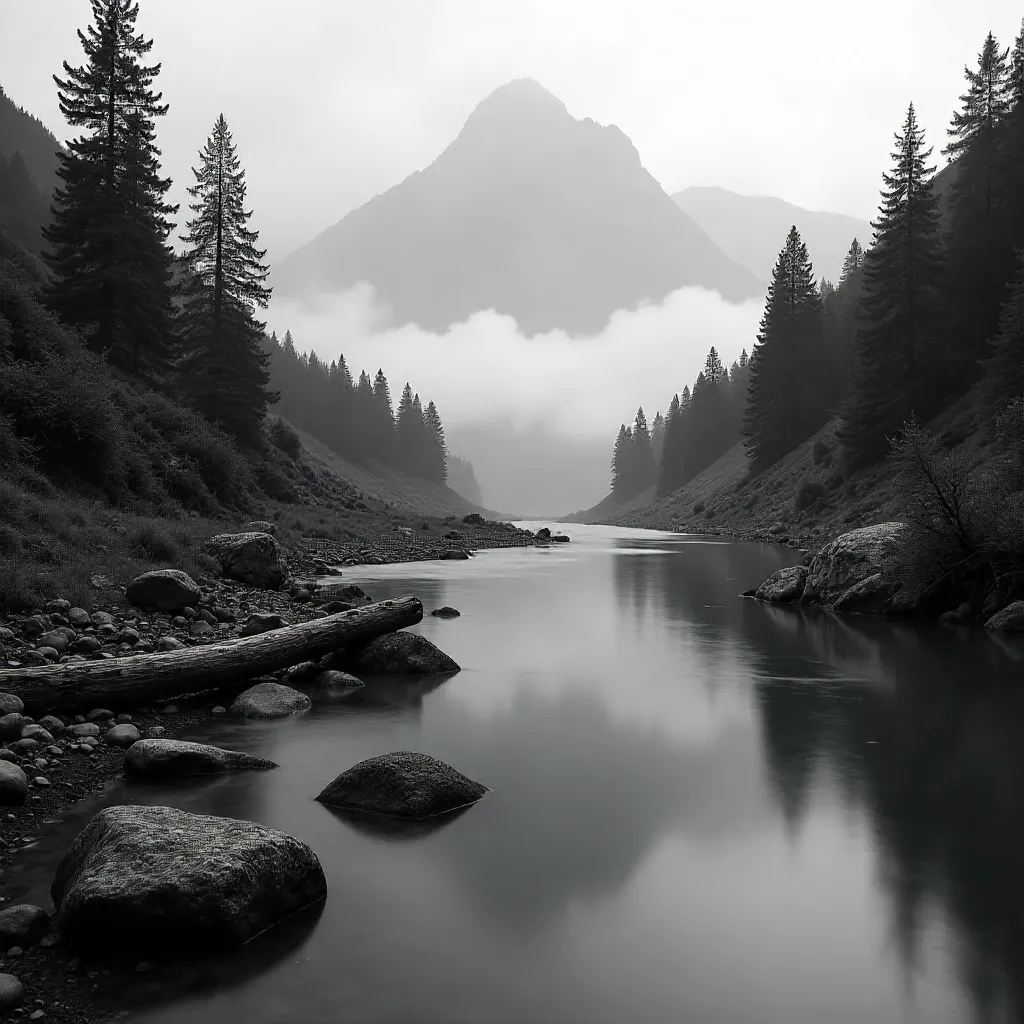 Serene Monochrome Mist River by Green Peaks