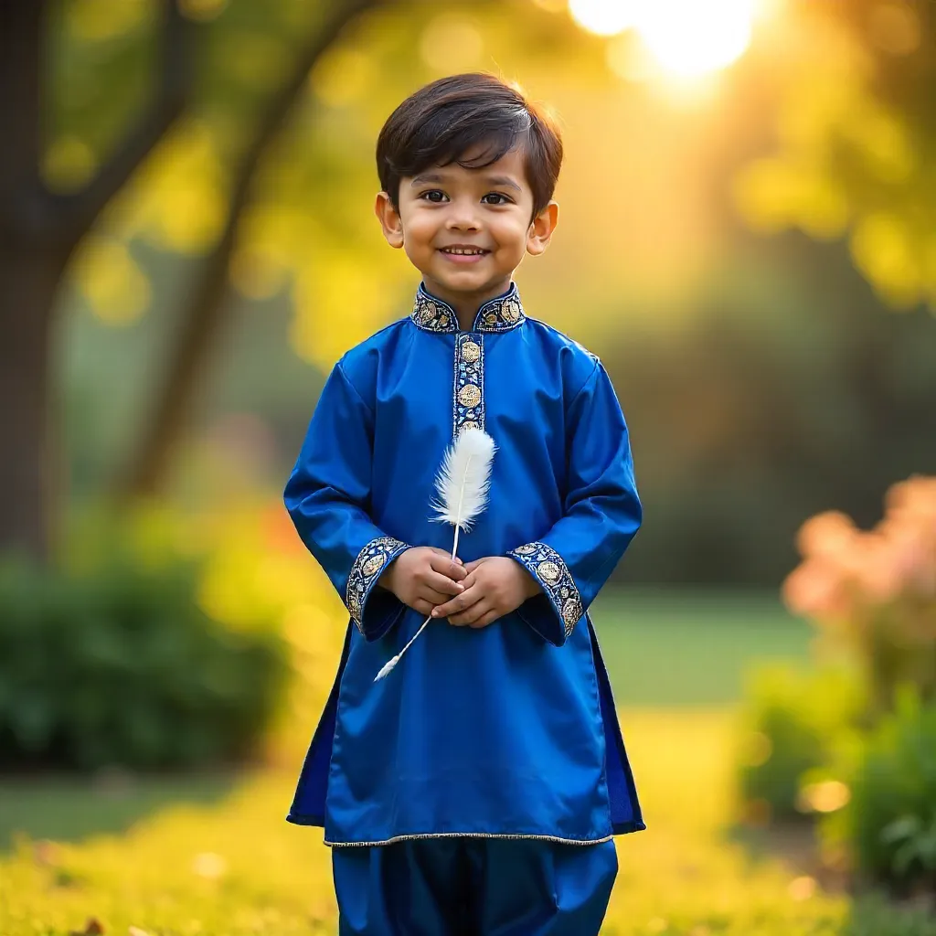 Young Boy in Vibrant Blue Traditional Dress with White Feather