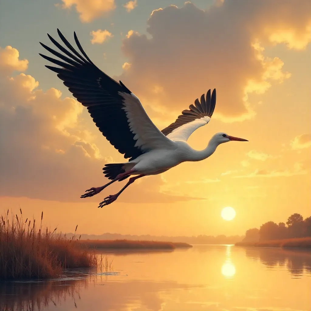 Lone Stork Over an Orange Sunset