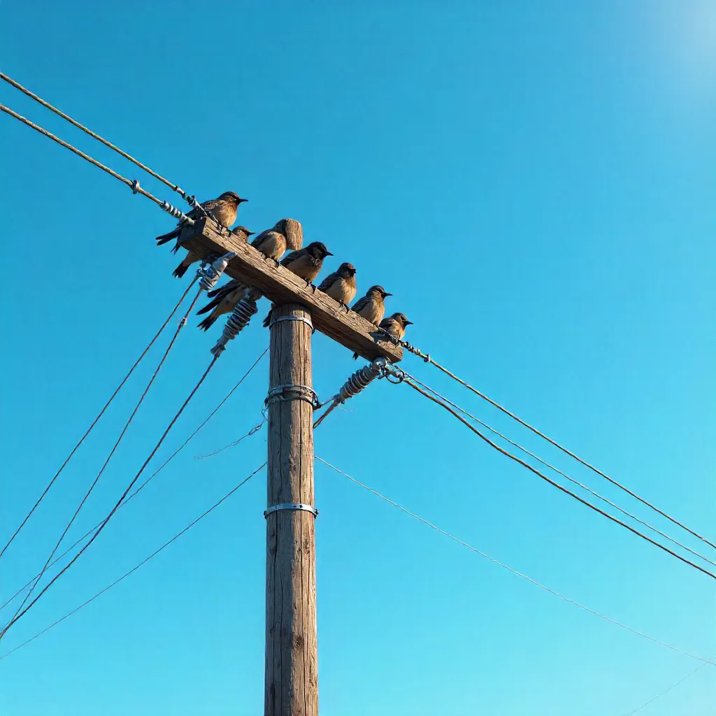 Birds on a Utility Pole Under a Clear Blue Sky