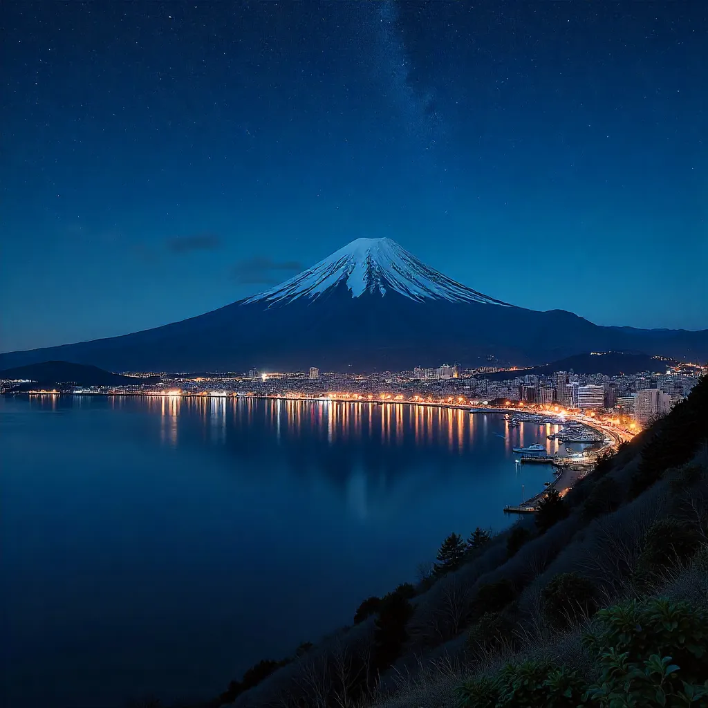 Stunning Night View: Mount Fuji Over Shizuoka City