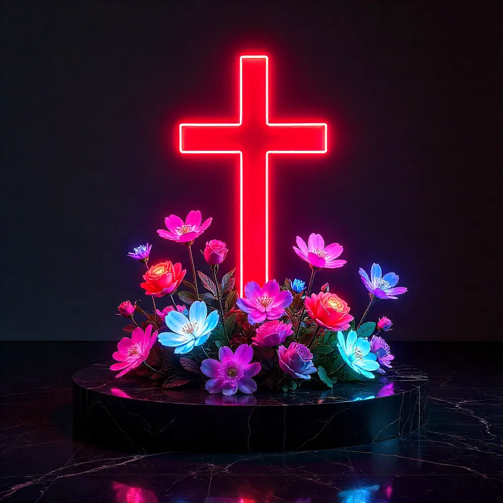 Vibrant Red Neon Cross with Glowing Florals