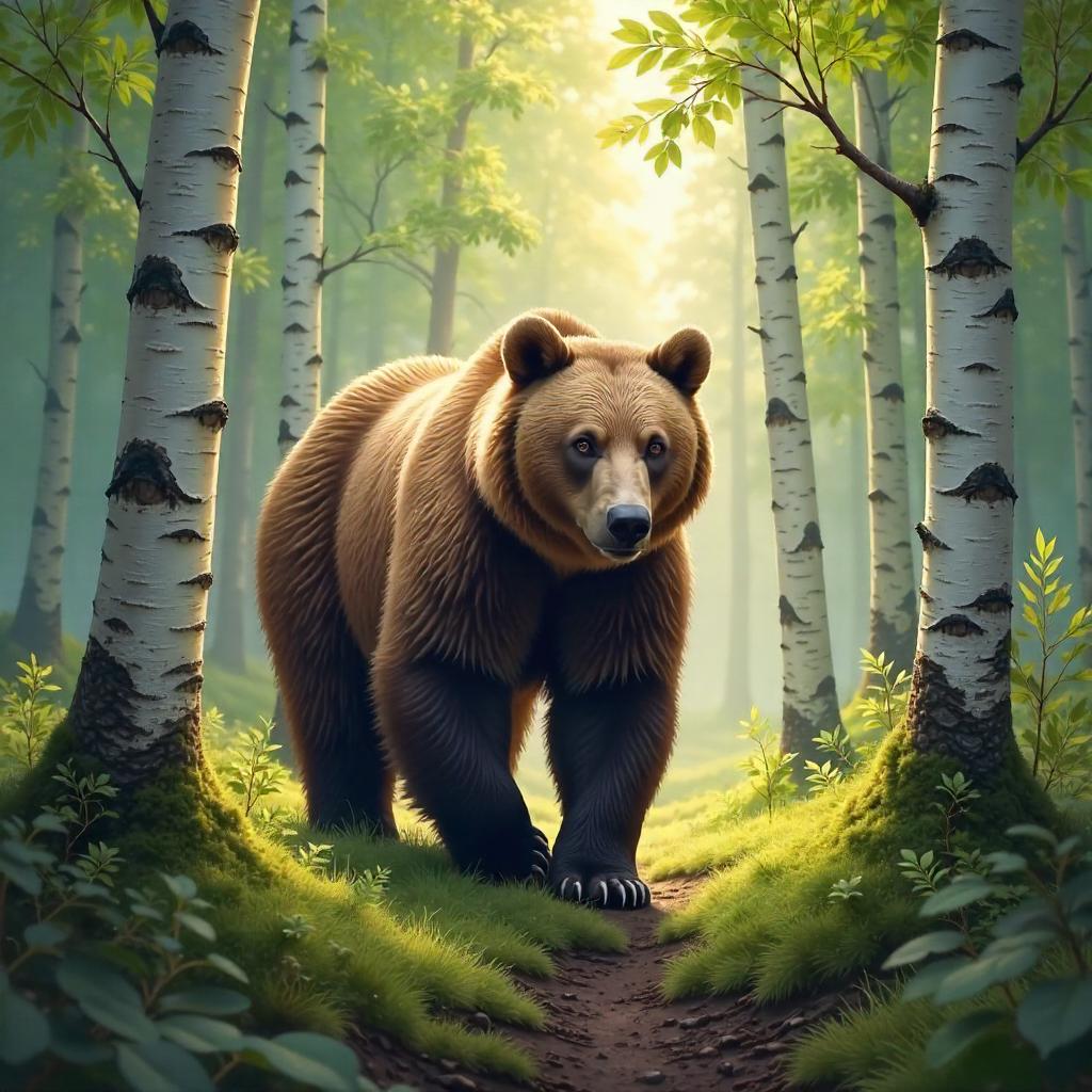 Bear in a Birch Forest: Digital Art Scene