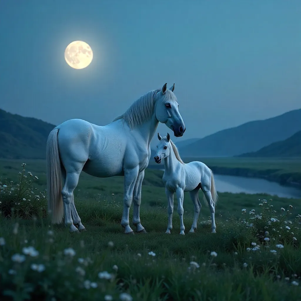 Moonlit Meadow: White Horse and Foal in Tranquility
