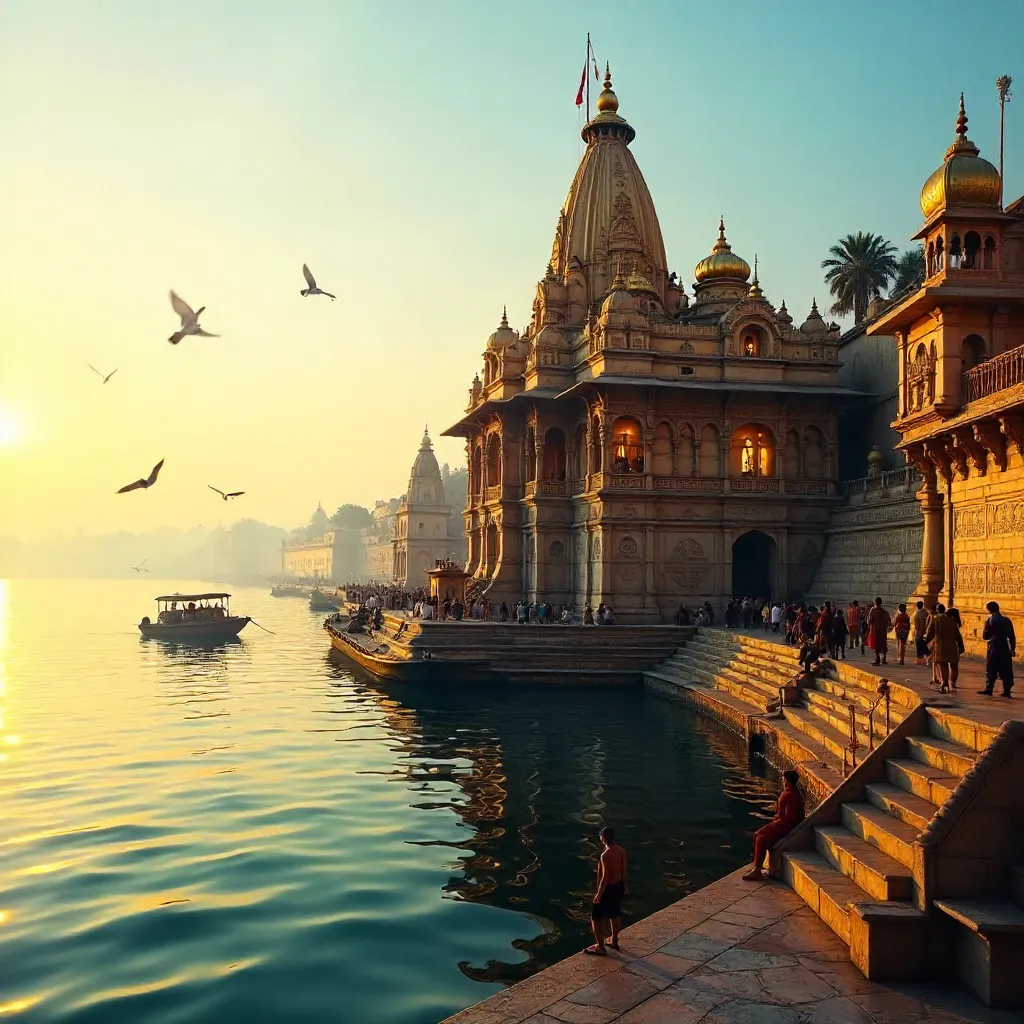 Golden Ganges View of Kashi Vishwanath Temple at Varanasi