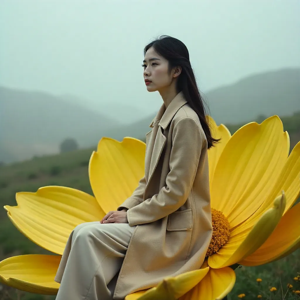 Young Woman on a Giant Yellow Flower in Fog