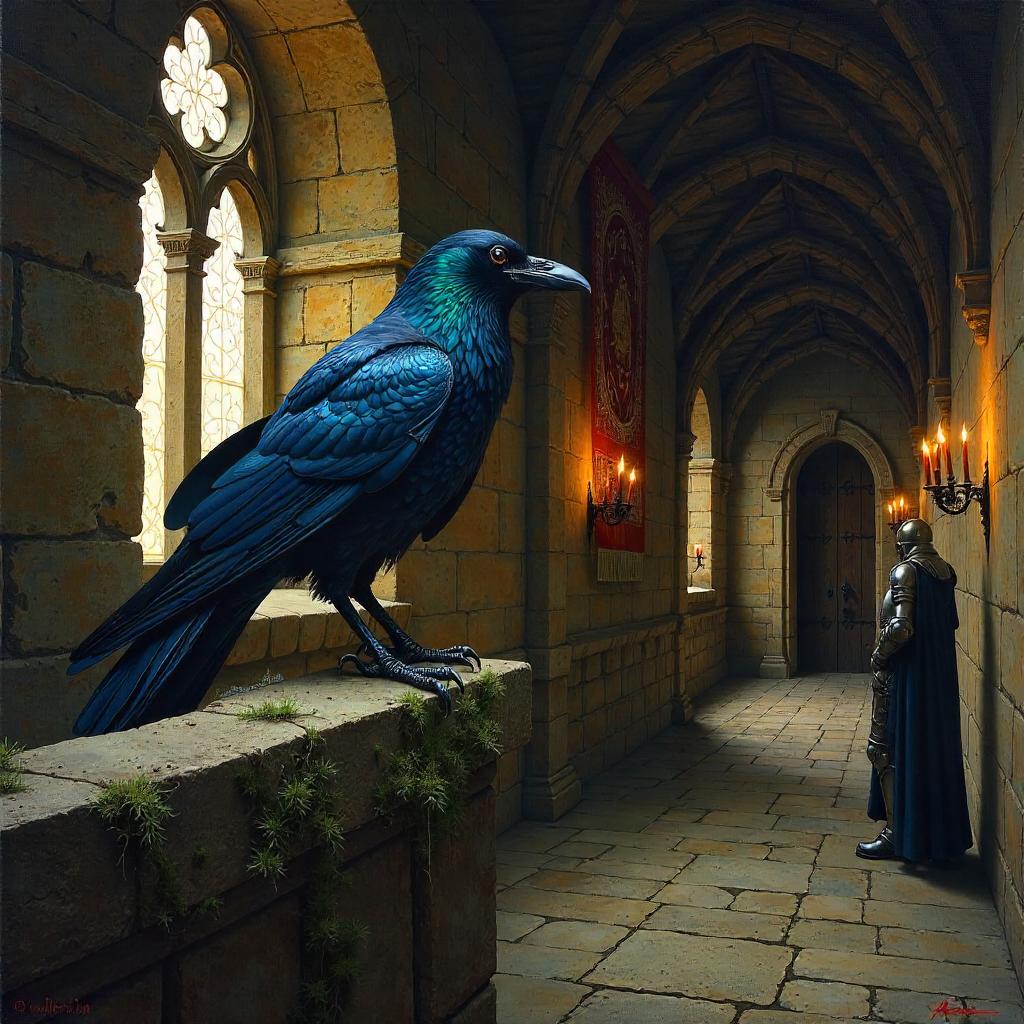 Raven in a Medieval Castle – An Oil Painting