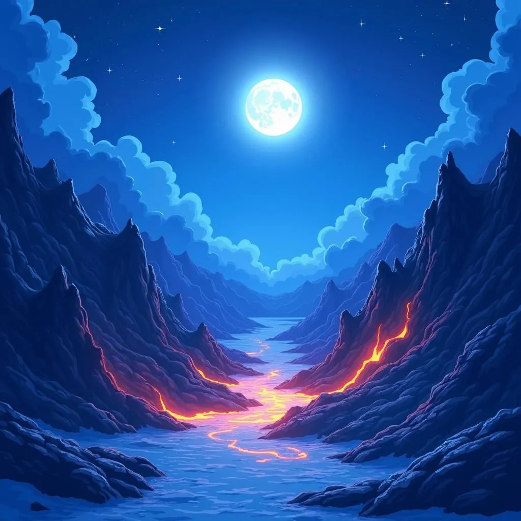 Moon on Volcanic Rocks in Anime Style