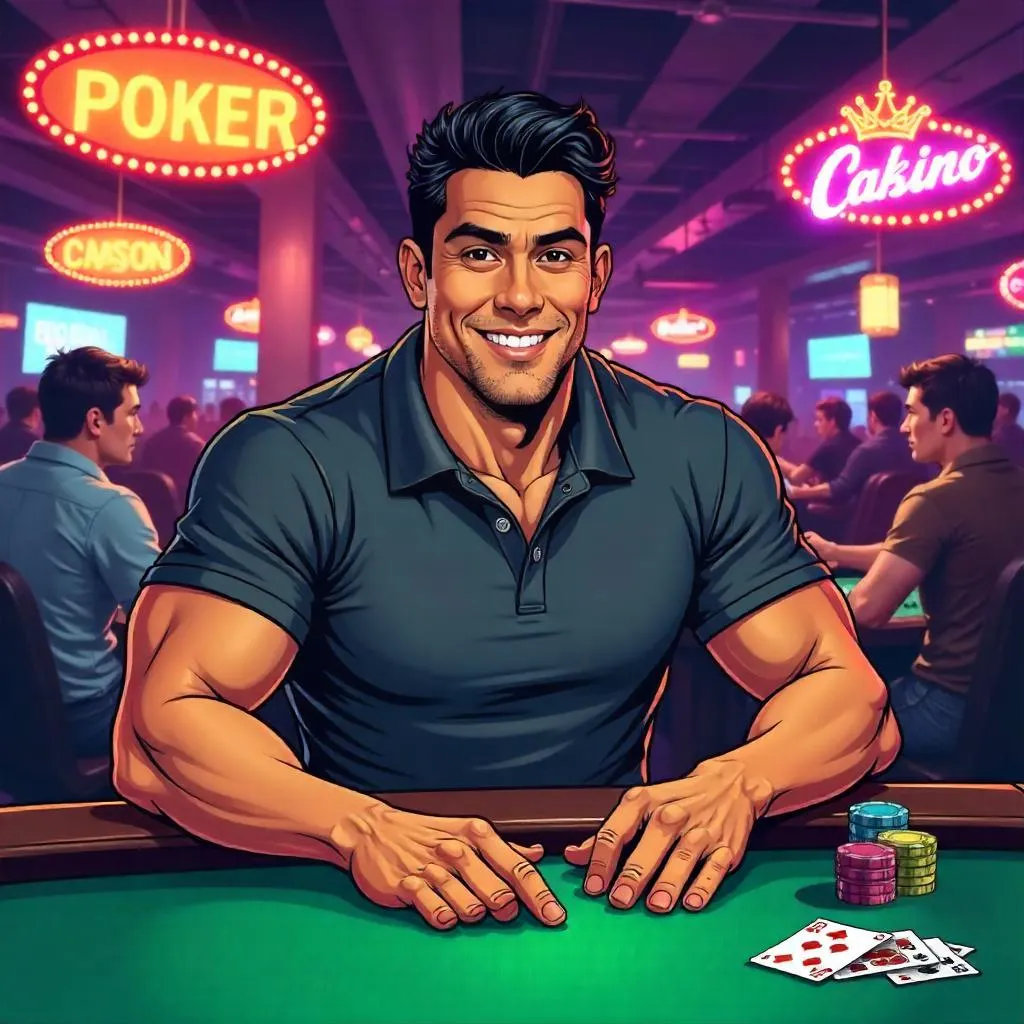Cartoon Athletic Latino at Poker Table