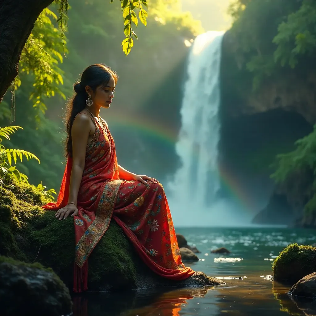 Serene Woman in Colorful Traditional Attire by a Waterfall