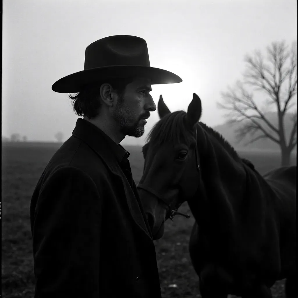 Noir Portrait: Man in Hat and Horse