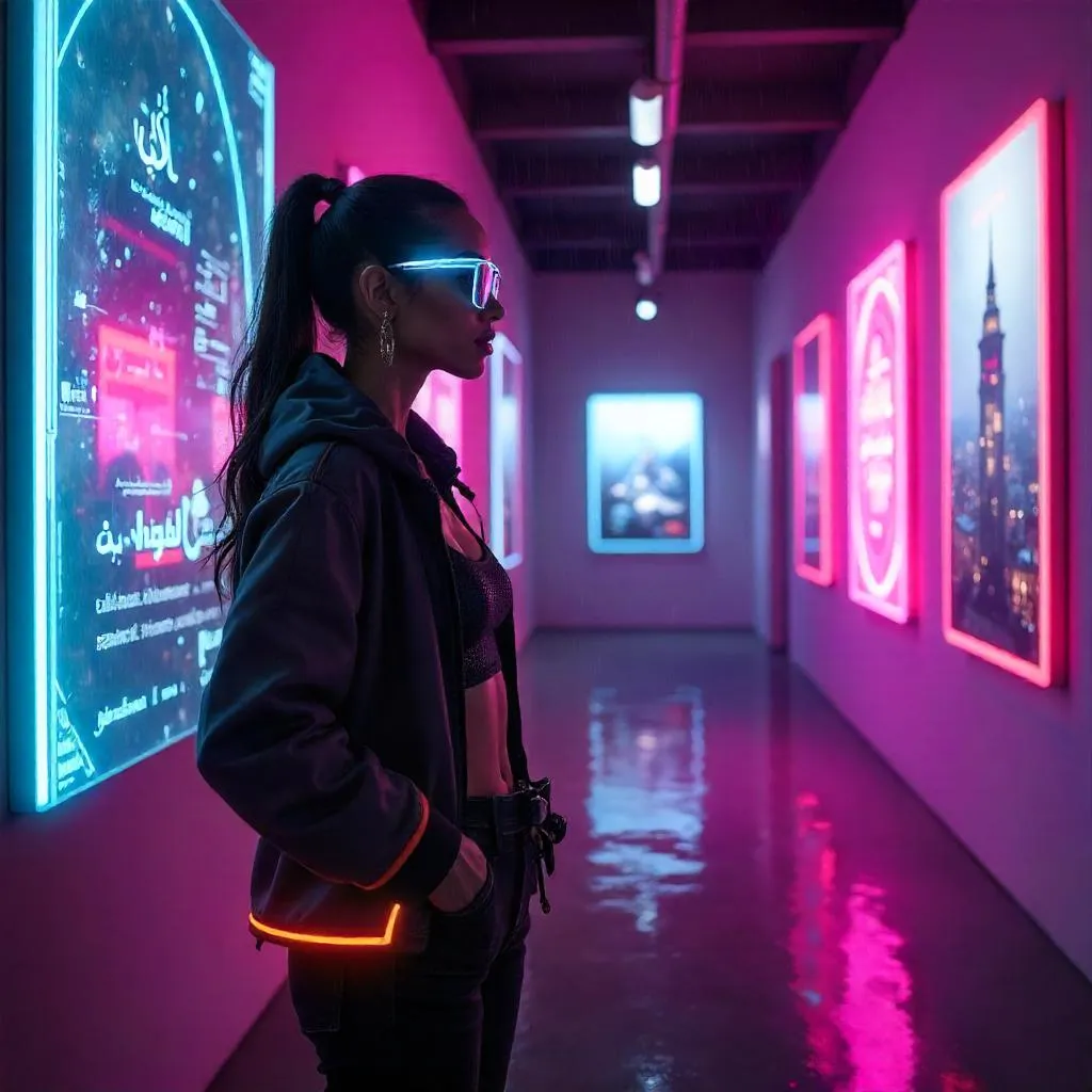 Neon Gaze in a Cyberpunk Gallery