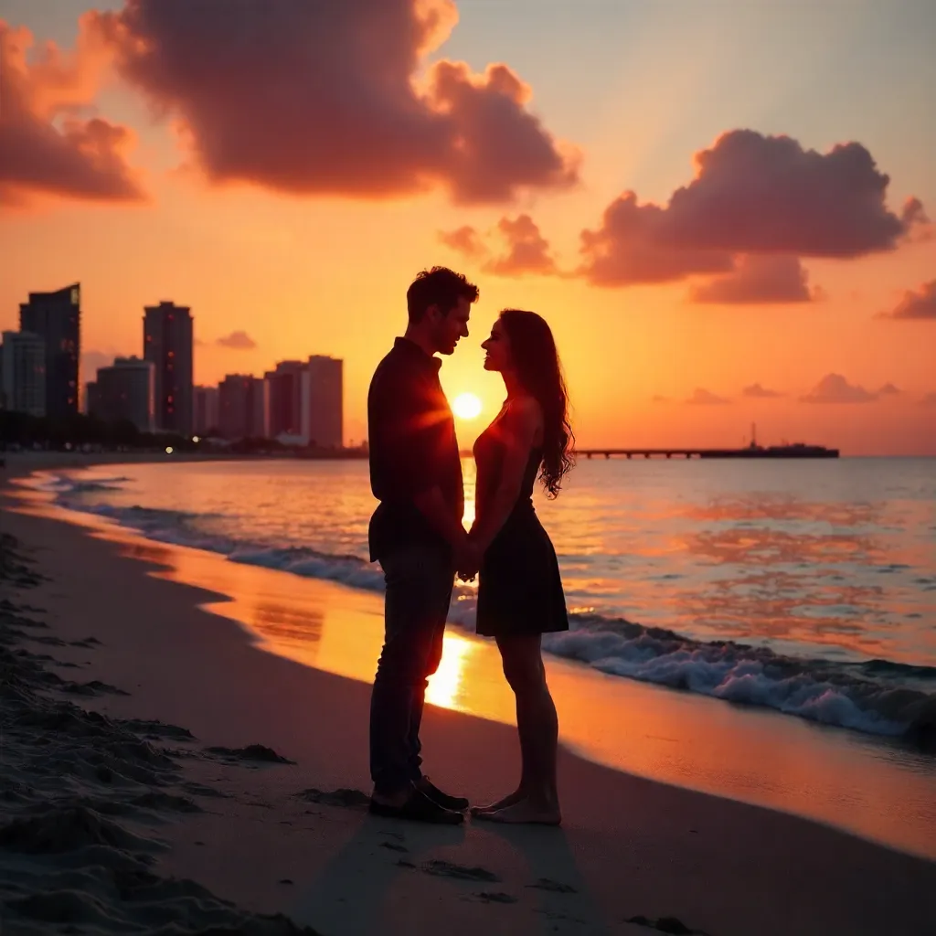 Romantic Silhouettes at Sunset: Beach and City Skyline