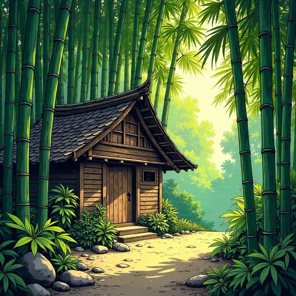 Hut in a Bamboo Grove – Comic Panel Scene