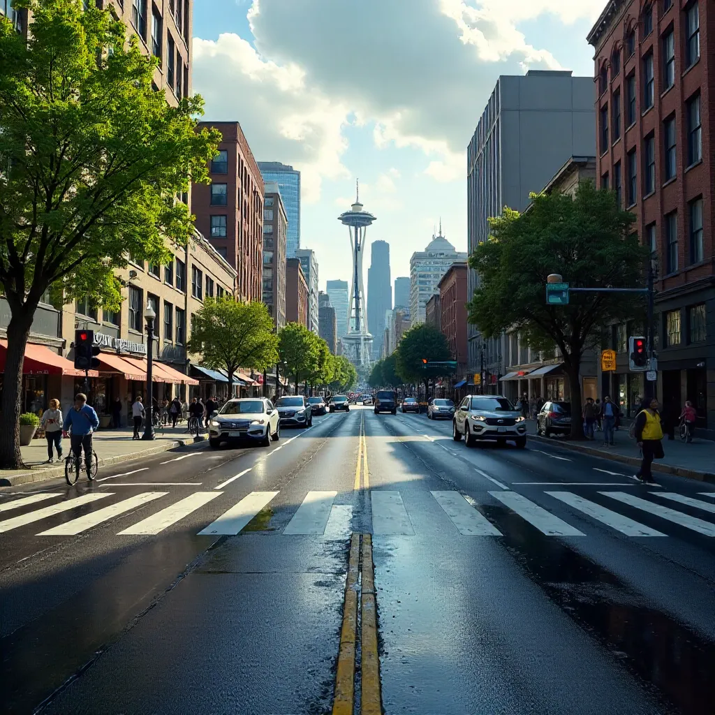 Dynamic Seattle Street Scene, Daytime Traffic and Pedestrians