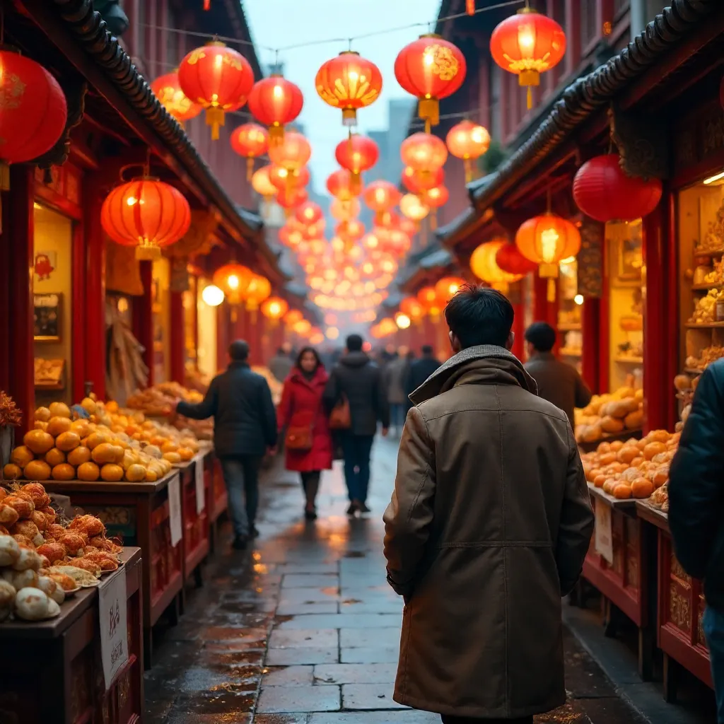 Colorful Shopper in a Lantern-Lit Chinese New Year Market