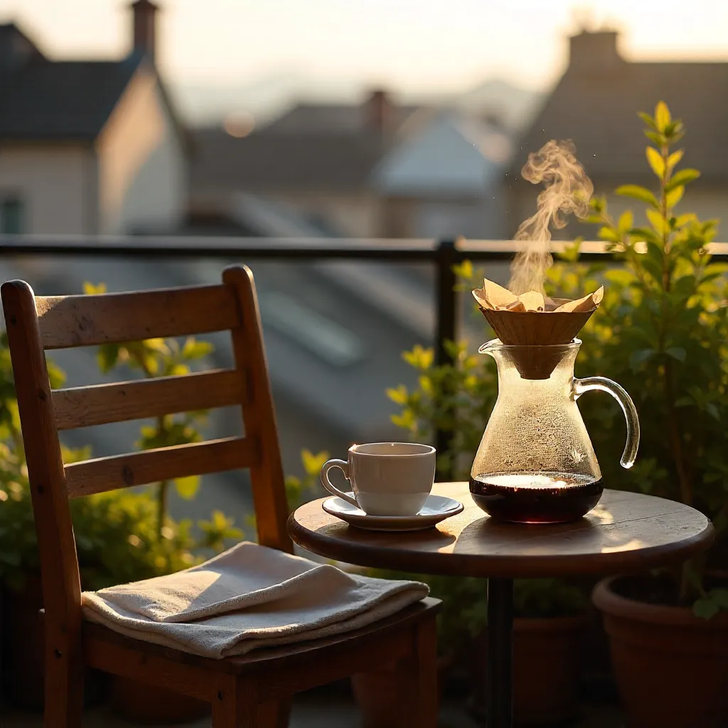 Terrace Dawn: Wooden Chair and Pour-Over Morning