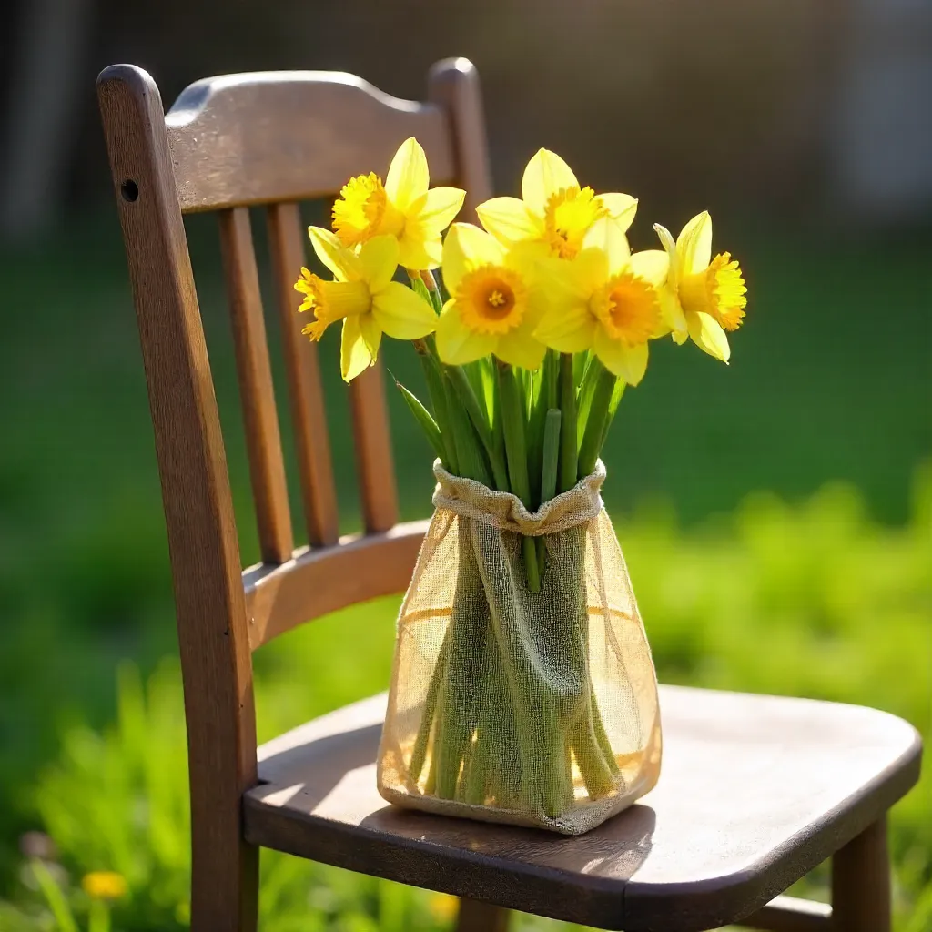 Daffodils in a Mesh Bag on a Rustic Outdoor Chair