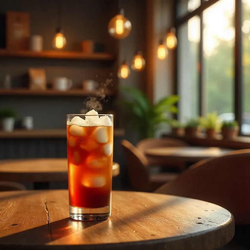Golden Hour Iced Coffee in a Stylish Café