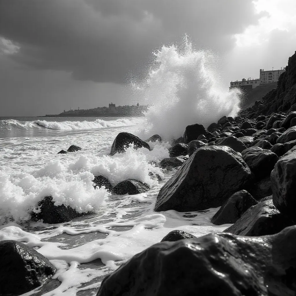 Monochrome Wave on Rabat's Rocky Coastline