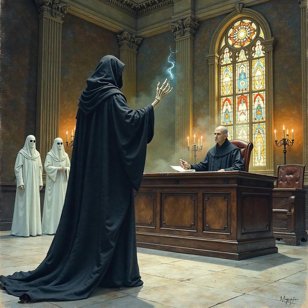 Verdict of the Veiled Necromancer in Courtroom Watercolor