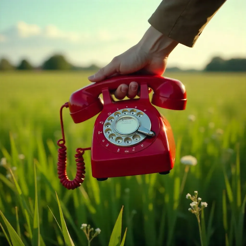 Red Rotary Phone Receiver in a Lush Field