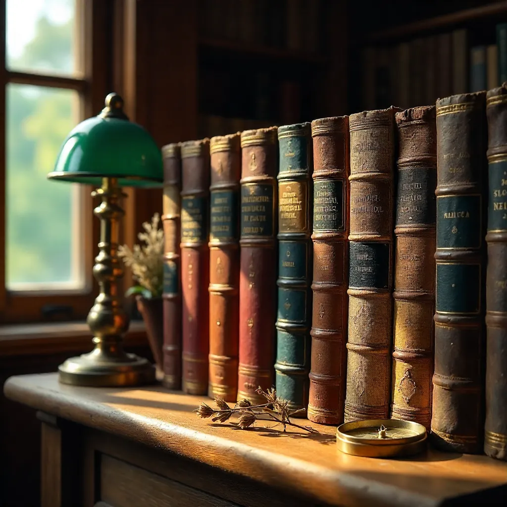 Warm Vintage Books on a Weathered Wooden Shelf